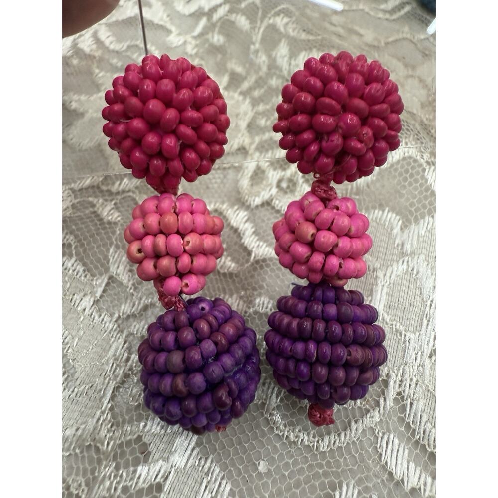 Vintage 80s 3” Wooden Dangle Bright Bold Beads Beadwork Earrings Summer Resort